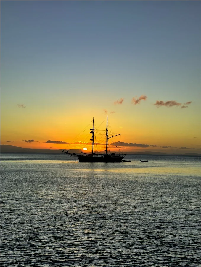 Solway Lass at anchor at sunset
