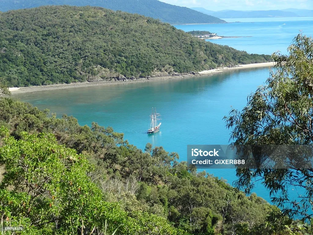Solway Lass anchored in a Whitsunday bay, seen from a lookout